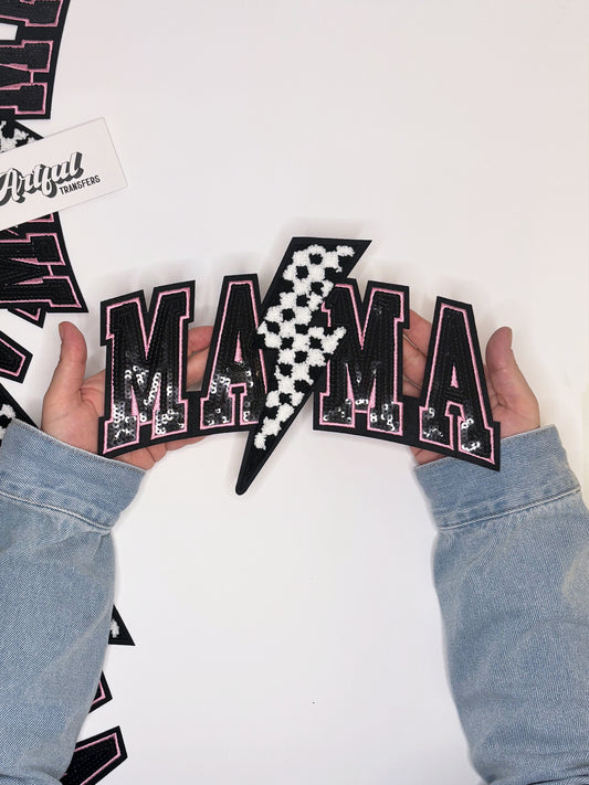 Mama in Black Sequins with Chenille Checkered Bolt - Chenille Patch