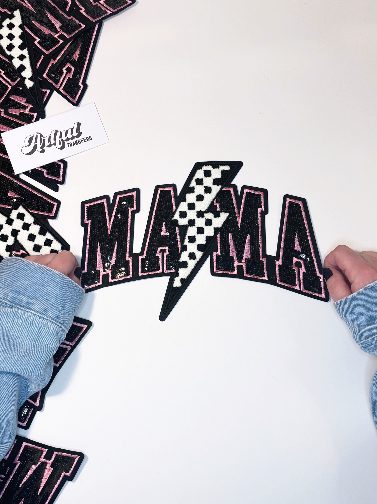 Mama with Black & White Checkered Bolt - Sequins Patch with Chenille Detail