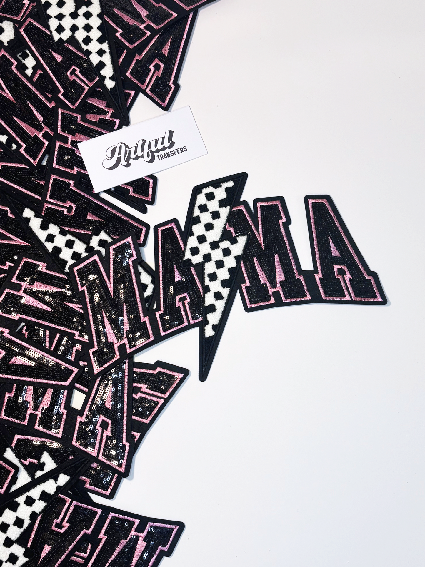 Mama with Black & White Checkered Bolt - Sequins Patch with Chenille Detail