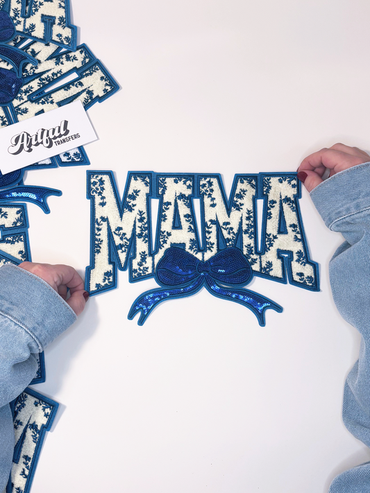 Mama with Blue Chinoiserie Print and Bow - Chenille Patch with Embroidery and Sequins Details