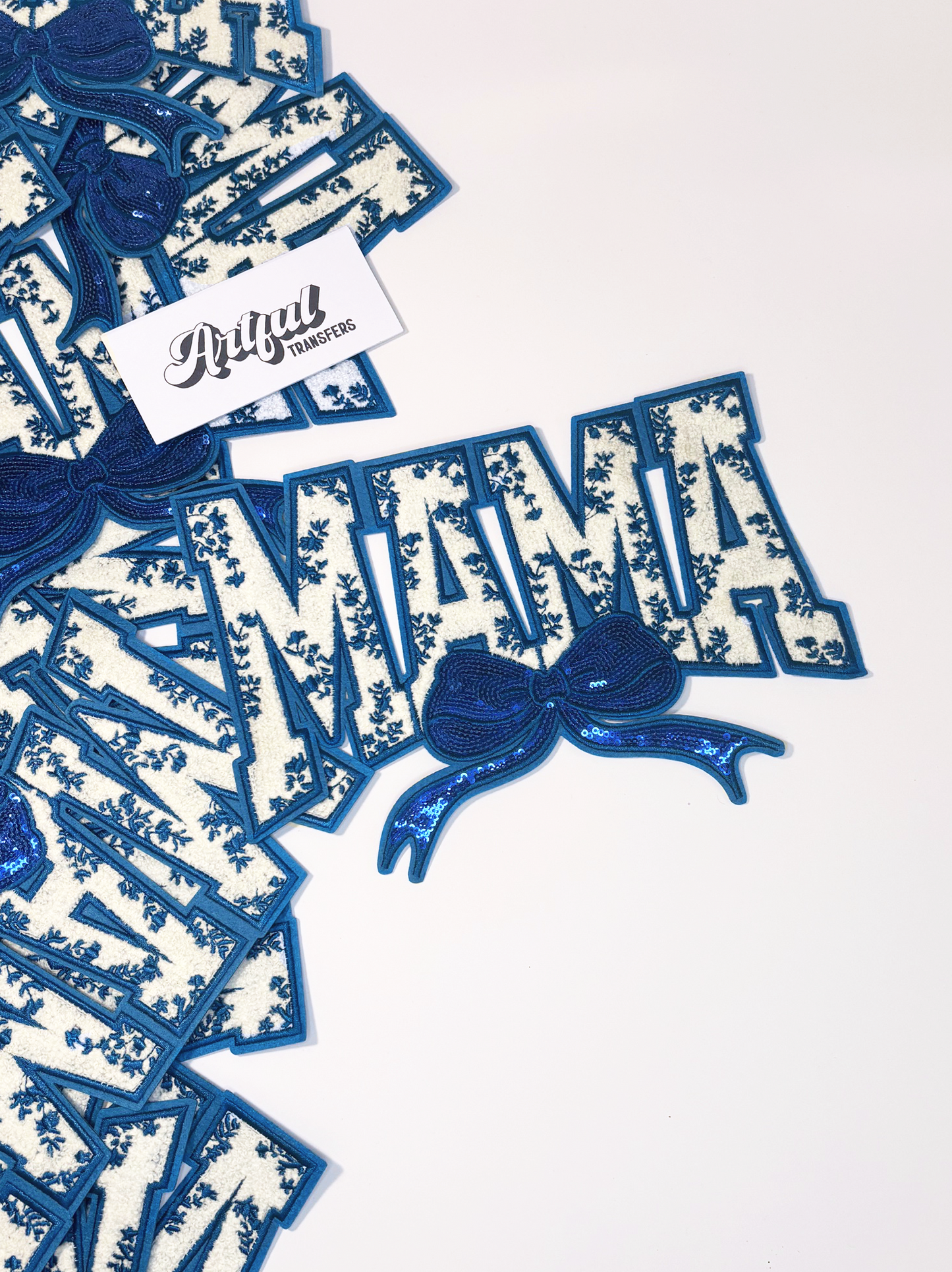 Mama with Blue Chinoiserie Print and Bow - Chenille Patch with Embroidery and Sequins Details