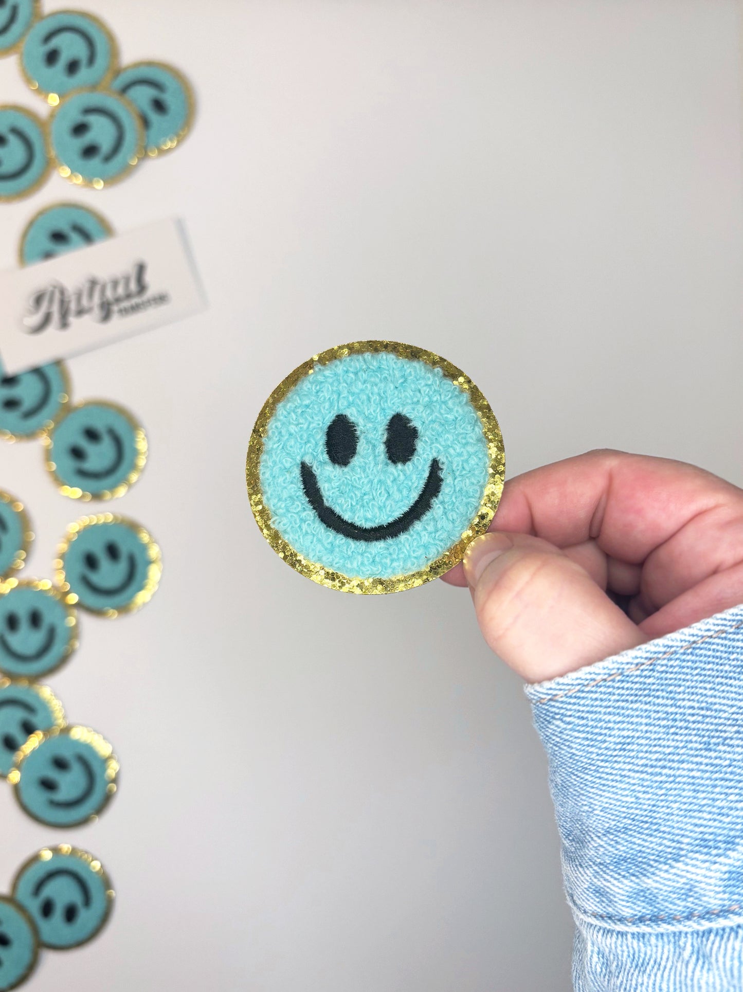 Smiley Chenille Patch in Blue - Chenille Patch