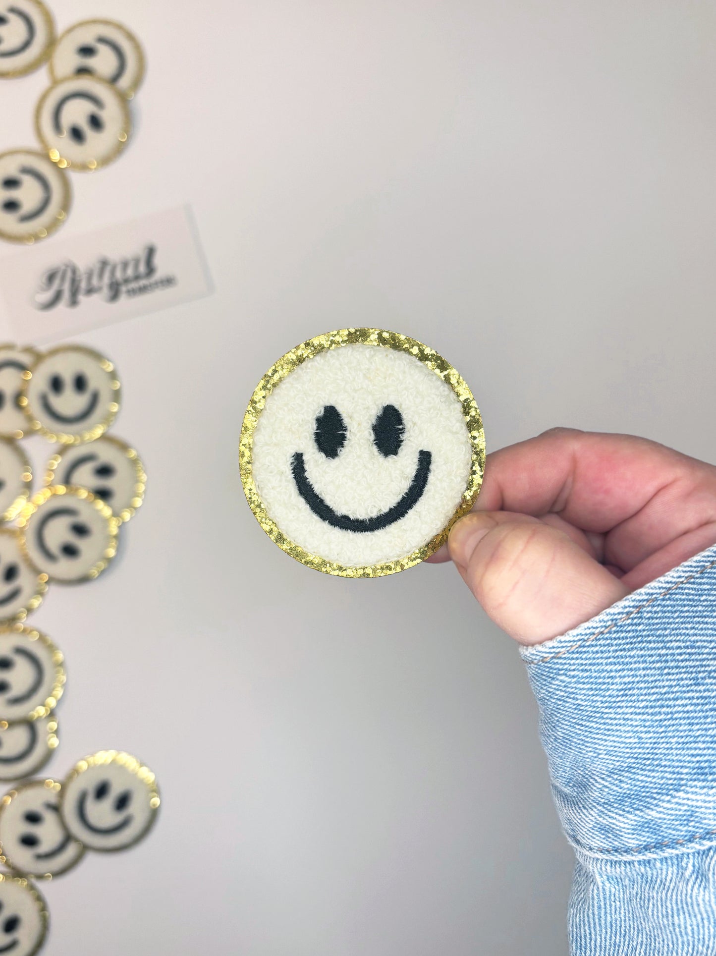 Smiley Chenille Patch in White - Chenille Patch