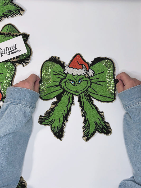 The Grinch Bow - Chenille Patch with Sequins Detail