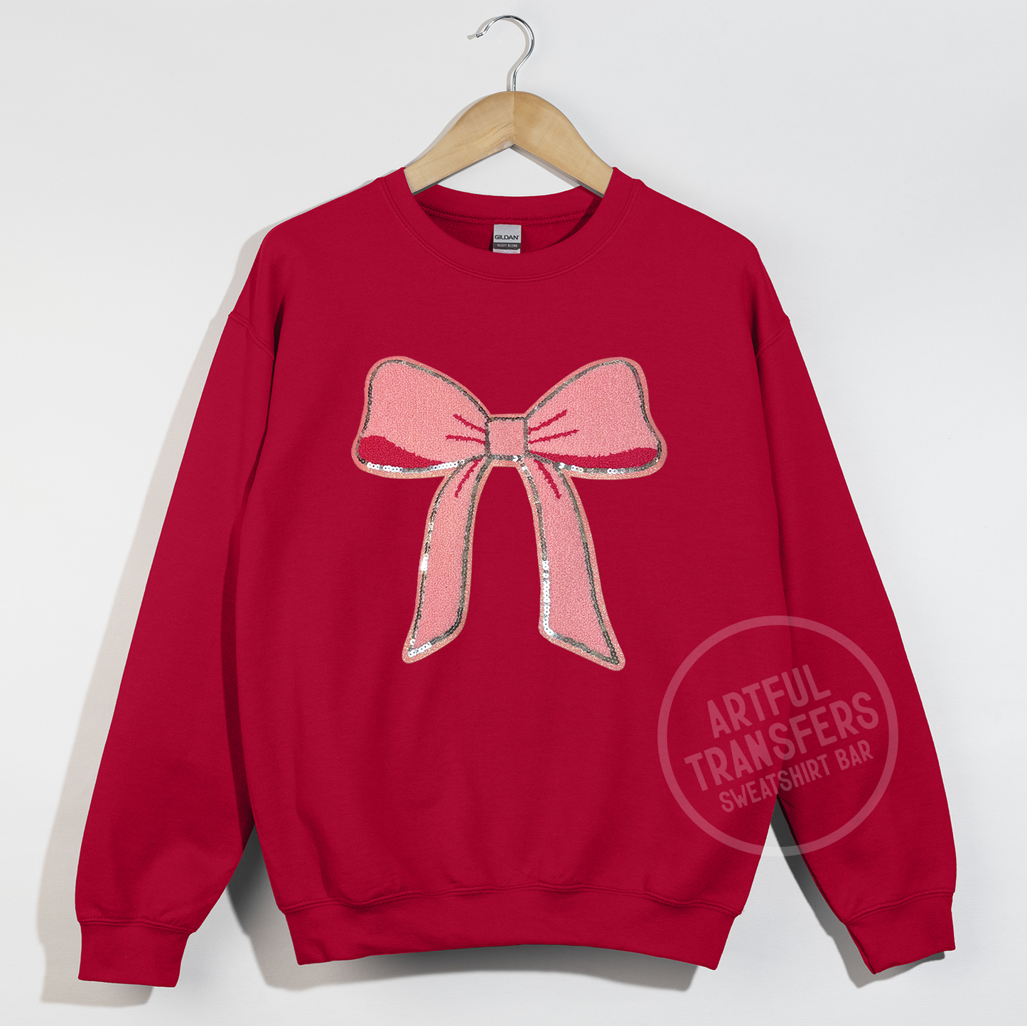 The Pink Bow Chenille Patch on Cherry Red Crewneck Sweatshirt