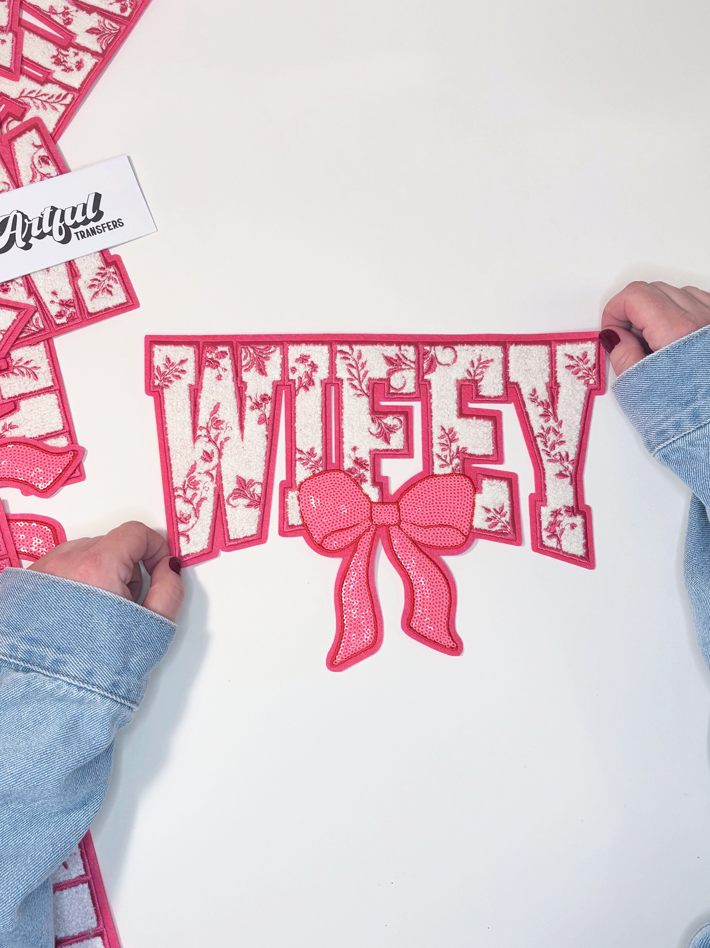 Wifey with Pink Chinoiserie Print and Bow - Chenille Patch with Embroidery and Sequins Details