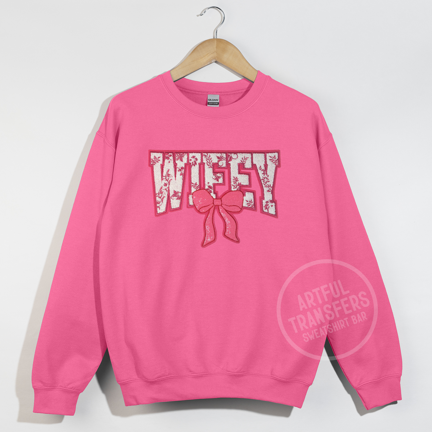 Wifey Chenille Patch on Heliconia Crewneck Sweatshirt