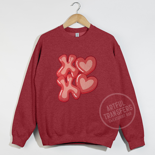 XOXO Chenille Patch on Antique Cherry Red Crewneck Sweatshirt